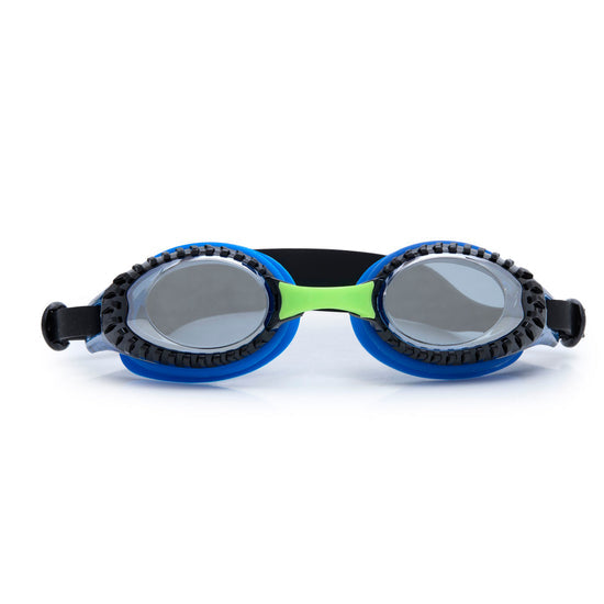 A pair of swim goggles with blue and green accents and a black strap, featuring a car tire design.