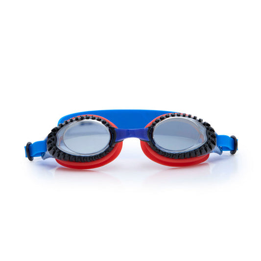 Red, blue, and black Turbo Drive swim goggles with a race car theme.