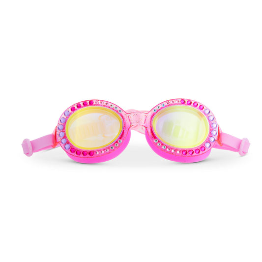 A pair of pink youth swim goggles with a round shape and adorned with glitter and rhinestones around the frame.