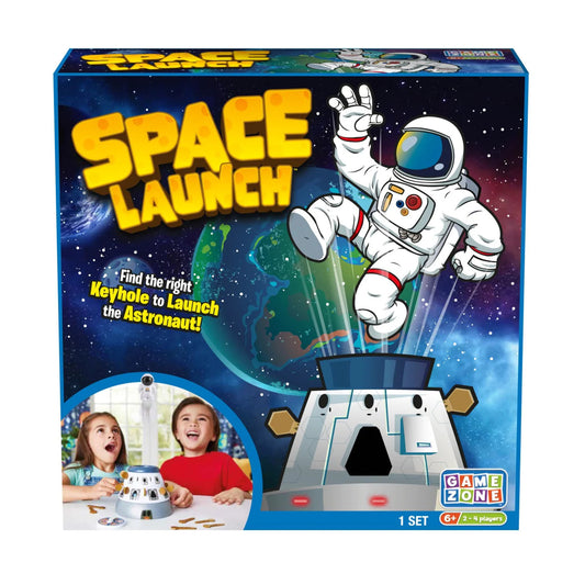 Packaging for the board game 'Space Launch' featuring an astronaut figure with a space ship background. The box includes a game base, astronaut, 18 keys, spinner, sticker sheet, and instructions.