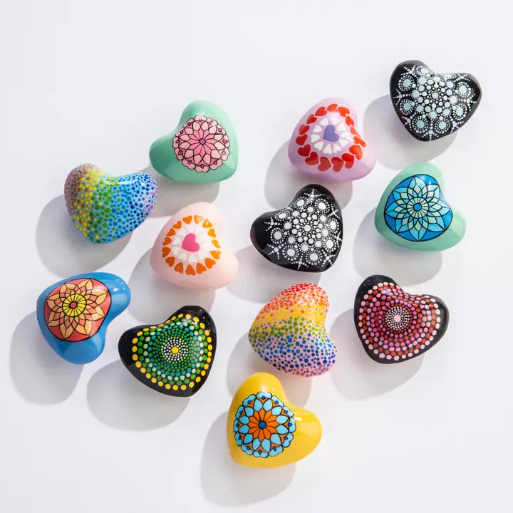 Mandala Chime Hearts-Toys-GeoCentral-About this product Mandala Chime Hearts are a colorful assortment of 12 different styles. Hand painted elements feature on-trend motifs such as dot and flower mandalas -green and yellow dots on black -red and pink dots on black -rainbow dots on light blue -rainbow dots on light purple -white dots on black -white and aqua dots on black -orange, white, and pink hearts on light pink -red, white, and purple hearts on light purple -orange and yellow flower on blue -blue and o
