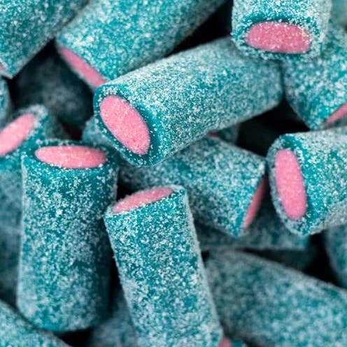 Close-up of blue and pink sugared candy sticks