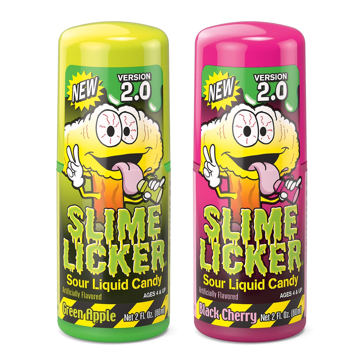 Two bottles of Slime Licker Sour Liquid Candy with colorful labels and cartoon character design.