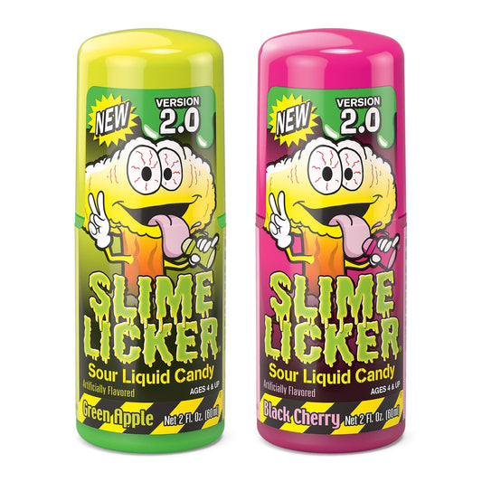 Two bottles of Slime Licker Sour Liquid Candy with colorful labels and cartoon character design.