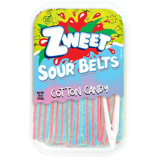A package of Zweet Sour Cotton Candy Belts with the container showing multiple colored belts inside.