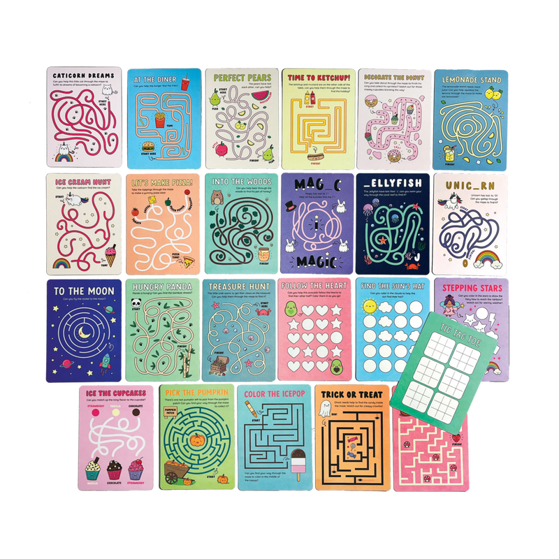 Mini Mazes Activity Cards-Toys-OOLY-It’s only a short route to finding some fun with OOLY’s pack of mini maze paper games! 24 different mazes are included in this maze book for kids, so they’ll be locating their way out of boredom in no time. Bonus tic-tac-toe games are on the back of every sheet, because OOLY loves X’s and O’s! If you’ve got a little puzzle master on your hands, then you’ll definitely want to get this maze book. OOLY’s Mini Mazes Activity Cards feature 24 different designs, so each one is