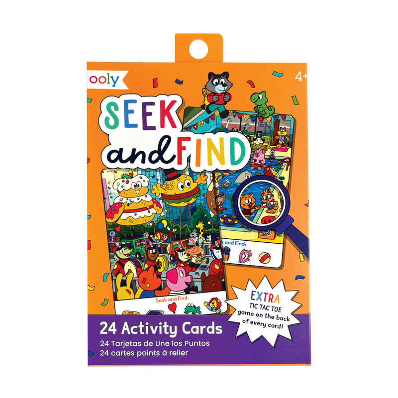 Packaging of 'Seek and Find Activity Cards' featuring illustrations of various characters and objects for search and find games, suitable for ages 4 and up.