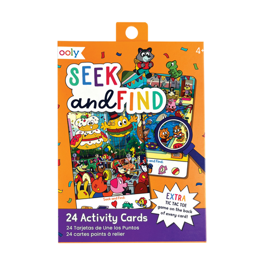 Packaging of 'Seek and Find Activity Cards' featuring illustrations of various characters and objects for search and find games, suitable for ages 4 and up.