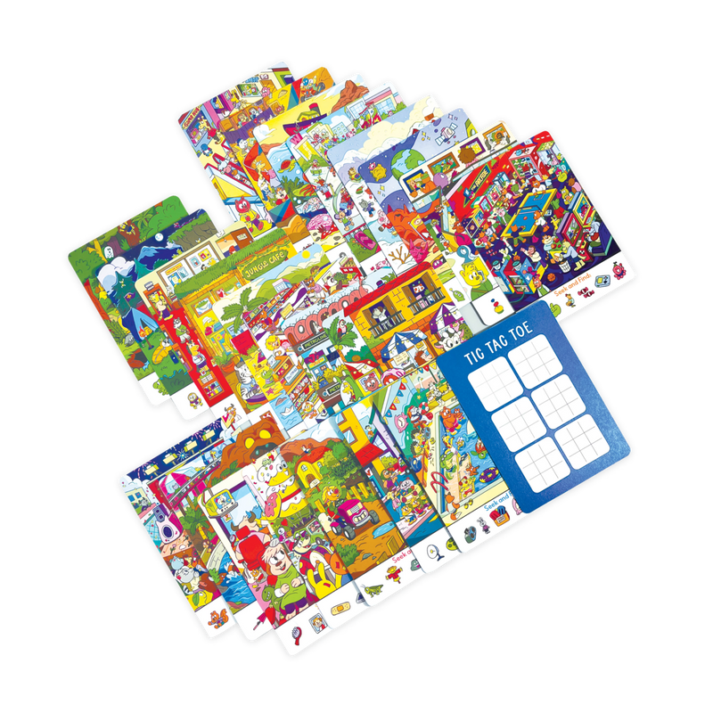 Seek and Find Activity Cards-Toys-OOLY-Fun awaits when your kid plays these search and find games! This activity set is packed with 24 differently-themed find-it cards, where they’re tasked with searching out specific items in each whimsical image. It’s the perfect easy activity for rainy days and whenever you’re on-the-go. Ever play a game that challenges you not to get distracted by a flying hamburger? Well now’s your chance! With OOLY’s adorable set of seek and find activity cards you’ll keep your kiddo