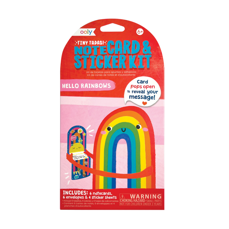 Packaging of a note cards and sticker set with a rainbow theme, including six greeting cards, six envelopes, and four sticker sheets.