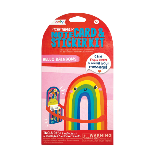 Packaging of a note cards and sticker set with a rainbow theme, including six greeting cards, six envelopes, and four sticker sheets.