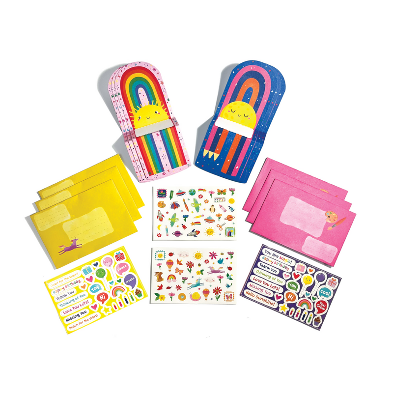Tiny Tadas! Note Cards and Sticker Set - Hello Rainbows-Toys-OOLY-Your creative kiddo is sure to adore this set of greeting cards! The set includes six expandable note cards, six coordinating envelopes, and four sheets of super fun stickers - all with a rainbow and party theme. They’re colorful cards just waiting for your little one to put their own unique mark on! Transform writing thank you notes and birthday cards into a super fun activity with this rainbow stationery set! It includes six vibrantly color