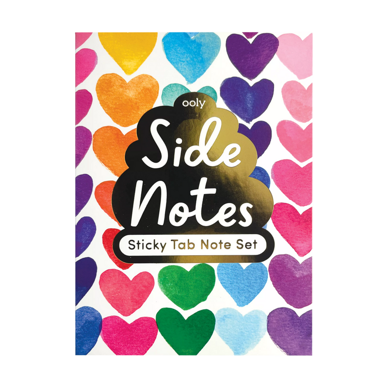 A colorful cover of a Side Notes sticky tab note pad with various-sized hearts in multiple colors