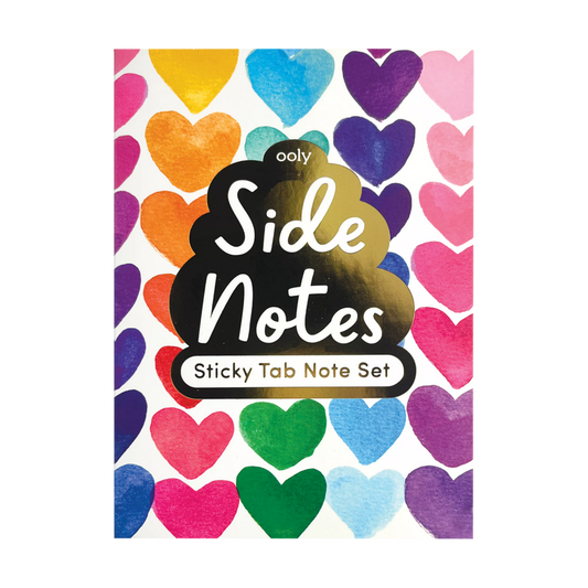 A colorful cover of a Side Notes sticky tab note pad with various-sized hearts in multiple colors