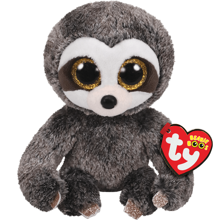 A plush toy representing a gray sloth with big golden eyes, sitting upright with a Ty Beanie Boos tag on its chest.