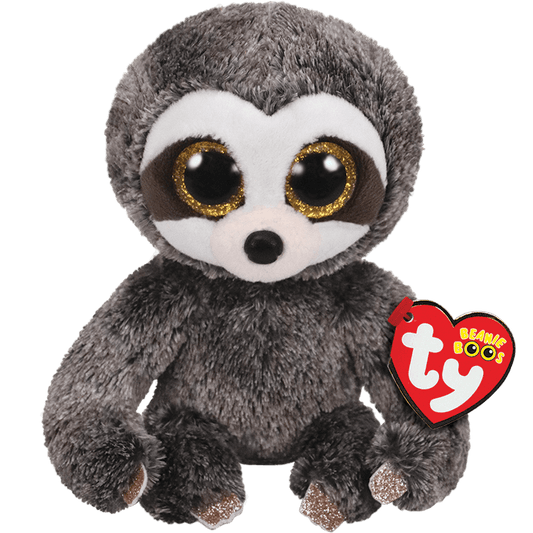 A plush toy representing a gray sloth with big golden eyes, sitting upright with a Ty Beanie Boos tag on its chest.