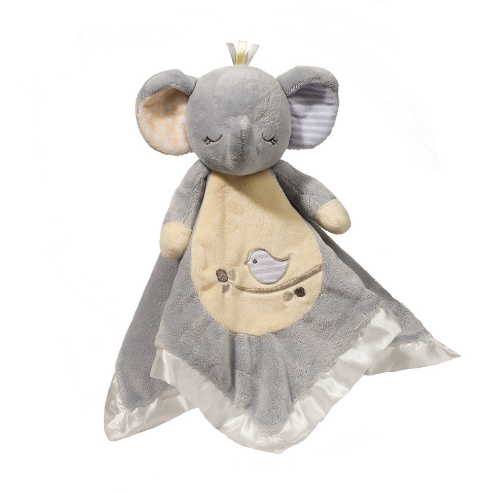 Joey Gray Elephant Lil’ Snuggler-Toys-Douglas-Indulge your baby with the soft caress of our Joey the Gray Elephant Lil’ Snuggler toy! Made with only the most luxurious of materials, this is an enticing plush friend designed to delight and comfort. With an elegant color palette of gentle grays and pastel yellows, our cuddly Snuggler is as attractive as it is soft. Details include embroidered eyes and a charming graphic of a little bird perched on a branch. Coordinating ribbons atop the Elephant’s head and su