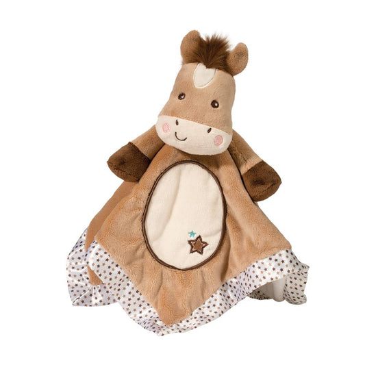 A brown plush pony snuggler toy with a starry satin border, featuring embroidered details on the face and stars on the belly.