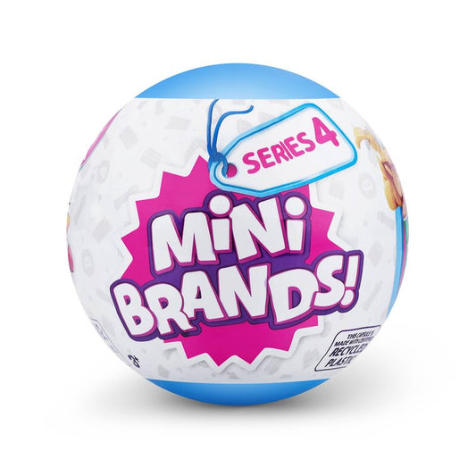 A toy ball with 'MINI BRANDS!' text and a series number '4' indicating it is part of the fourth series of miniature brands collectibles.