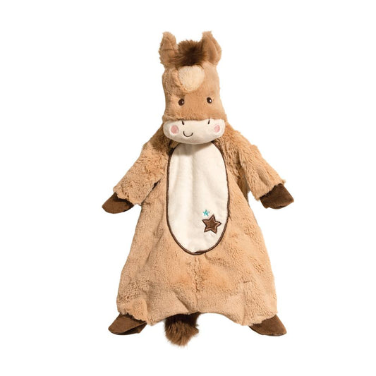 A soft toy resembling a pony with a smiling face, a white belly with embroidered details, and brown tones for the body and mane and tail. It is a plush toy designed to be cuddly and washable.