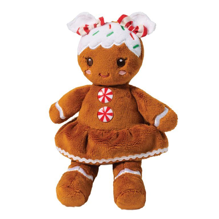 Gingerbread Girl-Toys-Douglas-The holidays are here again and our adorable Gingerbread Girl can’t wait for the fun to begin! This cheerful character is depicted in cuddly brown plush materials. Embroidered ‘icing’ accents add detail her design, while peppermint candy buttons lend a dash of colorful fun. Her imaginative hair-do features white ‘frosting’ topped with red and green sprinkles and a pair of striped bows. Engagingly floppy arms and legs make it simple to set her up peering out from the top of the