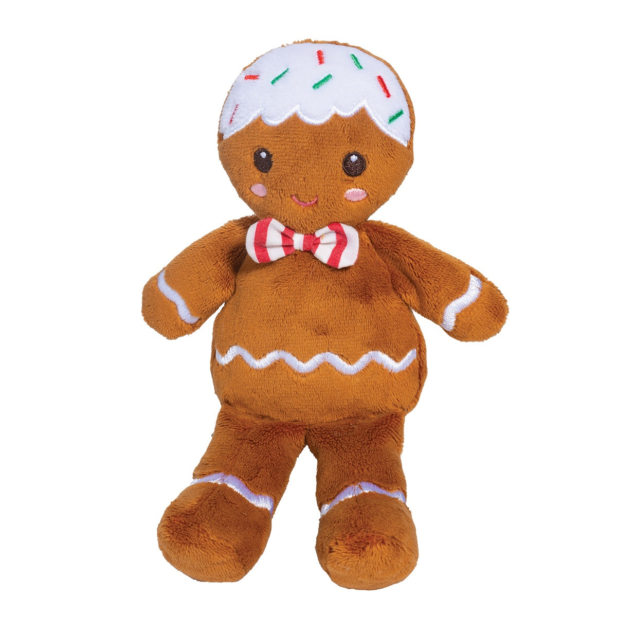 Gingerbread Boy-Toys-Douglas-Let our plush Gingerbread Boy bring some sweetness to your festive season! Appealingly plump and delectably soft, this playful cookie friend is a real treat! We’ve embellished him with rick rack ‘frosting’ accents as well as red and green sprinkles atop his head. A peppermint striped bowtie at his neck and a cheery expression complete with embroidered pink cheeks complete his lighthearted appearance. Catch him up before he runs away, this stuffed Gingerbread Boy is as equally su