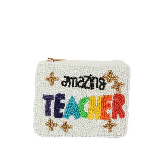Ladies White Fully Beaded Teacher Fashion Coin Purse, Coin Purse