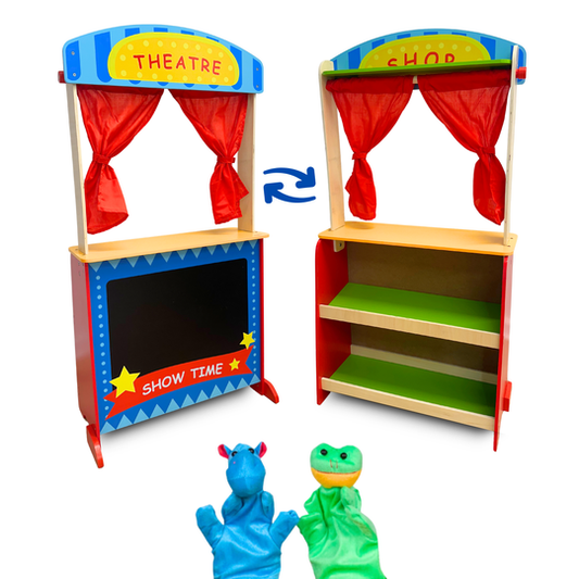 Toyster's 2-in-1 wooden puppet theater and workshop features a vibrant theater on one side with a chalkboard, perfect for performances. Flip it over to reveal a versatile shop that can be used as a store, lemonade stand, or any other creative setup. The set includes two puppets and is designed for easy assembly
