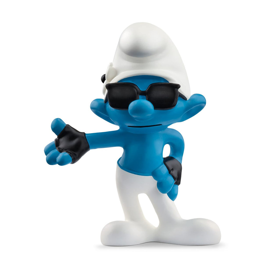 A figurine of a blue character wearing sunglasses and a white hat, resembling a Smurf.
