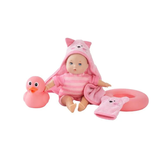 A pink-colored doll with a cat-like hood, accompanied by a small pink duck toy and a pink floaty ring.