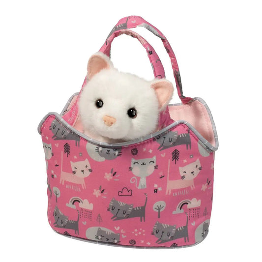 Purrfect Pals Sak with White Cat-Toys-Douglas-A must-have accessory for every little cat lover, our Purr-Fect Pals Sassy Pet Sak is brimming with charm and whimsy! This purse’s stylish blend of pinks and grays features a pattern of assorted kitties romping through blossoms and cloud ensconced rainbows. It’s soft, fabric handles provide a comfortable way to tote all your treasures along on every outing. Lovable and soft, a pure white plush kitten stuffed animal sits within the bag with an attentive, warm eye