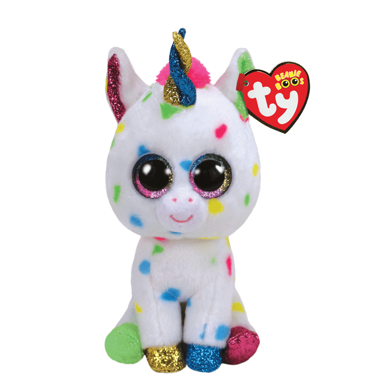 Ty Beanie Boos white unicorn with rainbow spots, sparkly rainbow eyes, ears, hooves, and horn