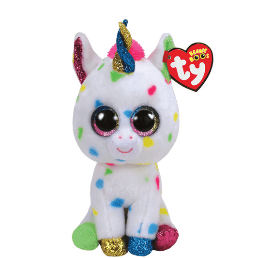 Ty Beanie Boos white unicorn with rainbow spots, sparkly rainbow eyes, ears, hooves, and horn