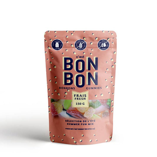 A package of BON BON brand gummy candies with a pink and orange color scheme, featuring images of watermelon and popsicle candies.