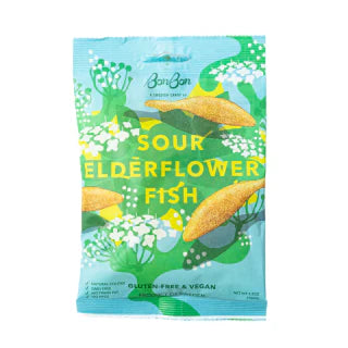 A packaged product of BonBon with the title 'Sour Elderflower Fish' displayed on the front, surrounded by a floral pattern and green leaves.
