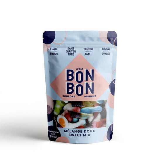 A packaged candy product with the brand name 'Bon Bóne' visible on the packaging, which is a large bag of mixed gummy candies.