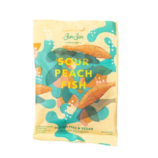 Packaging of BonBon Sour Peach Fish, with a background of peach and fish illustrations, and text highlighting the product name and dietary preferences (gluten-free and vegan).