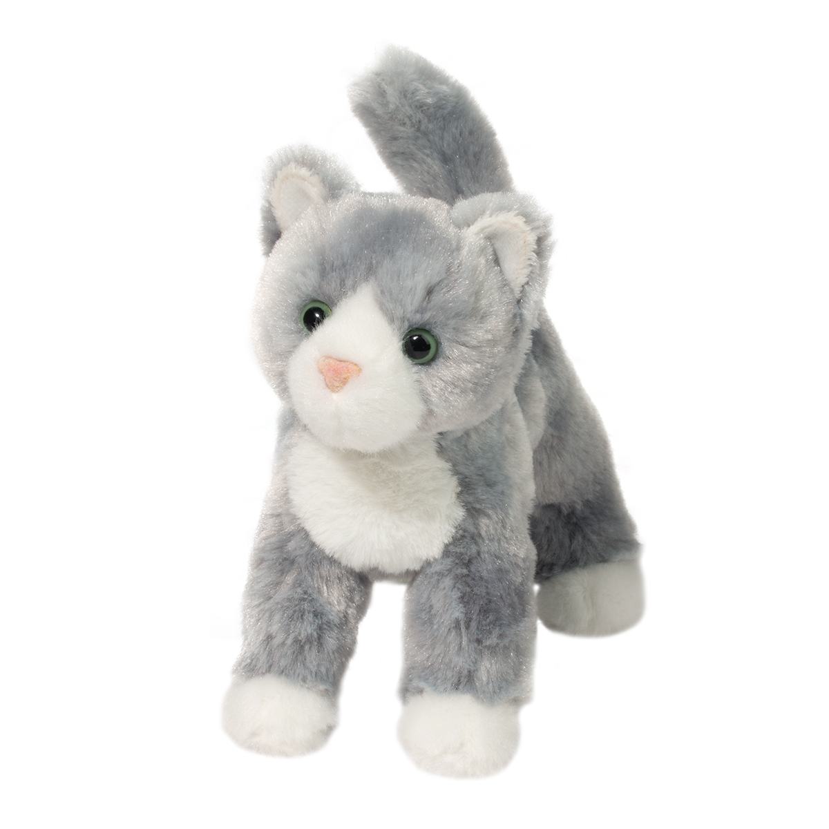 Scatter Gray Cat-Toys-Douglas-A gentle soul, Scatter the Gray Cat stuffed animal would rather find someone to cuddle up with than be out roaming. His soft gray fur boasts an alluring silvery shine and he features handsome white markings on his face, chest, and paws. Scatter’s bright, golden eyes and a sculpted pink nose lend him a sweet, inquisitive expression that’s hard to resist. Resilient polyester fill allows Scatter to hold his playful stand up pose but still provides for plenty of squeezable softness