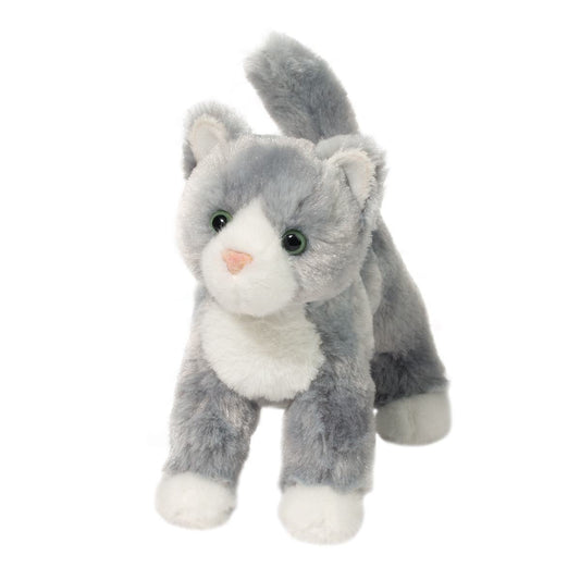 Scatter Gray Cat-Toys-Douglas-A gentle soul, Scatter the Gray Cat stuffed animal would rather find someone to cuddle up with than be out roaming. His soft gray fur boasts an alluring silvery shine and he features handsome white markings on his face, chest, and paws. Scatter’s bright, golden eyes and a sculpted pink nose lend him a sweet, inquisitive expression that’s hard to resist. Resilient polyester fill allows Scatter to hold his playful stand up pose but still provides for plenty of squeezable softness