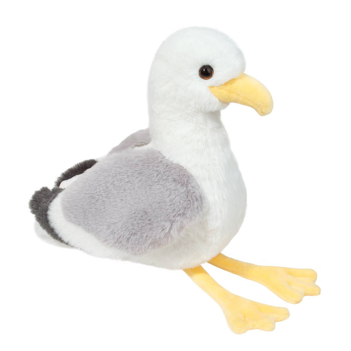 A plush soft seagull toy with gray and white feathers and yellow feet.