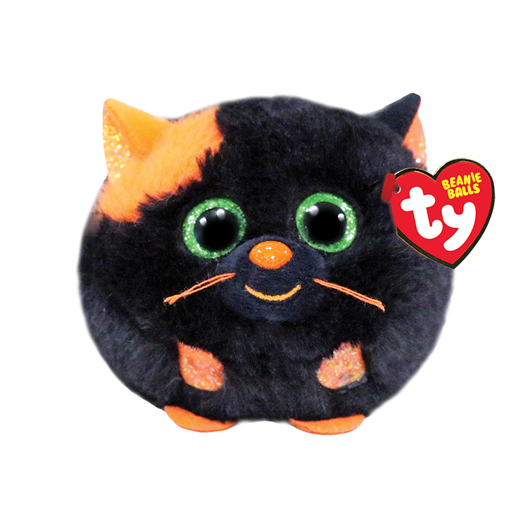 A plush toy resembling a black cat with orange and green accents, and a 'Ty Beans' logo in the background.