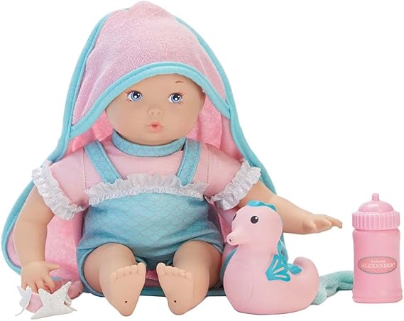 Madame Alexander splash and play mermaid princess-Toys-Madame Alexander-This 12-inch baby doll is the perfect size for a child's hands! Soft and cuddly doll with molded head and limbs and fully submersible cloth body. Encourages imaginative, nurturing play at in the bath, at the beach, anywhere! Charming face with durable painted features will engage your child! Quality craftsmanship that demonstrates "love is in the details." Wears a mermaid swim set with fish scale print and ruffle trim, and a headband wi