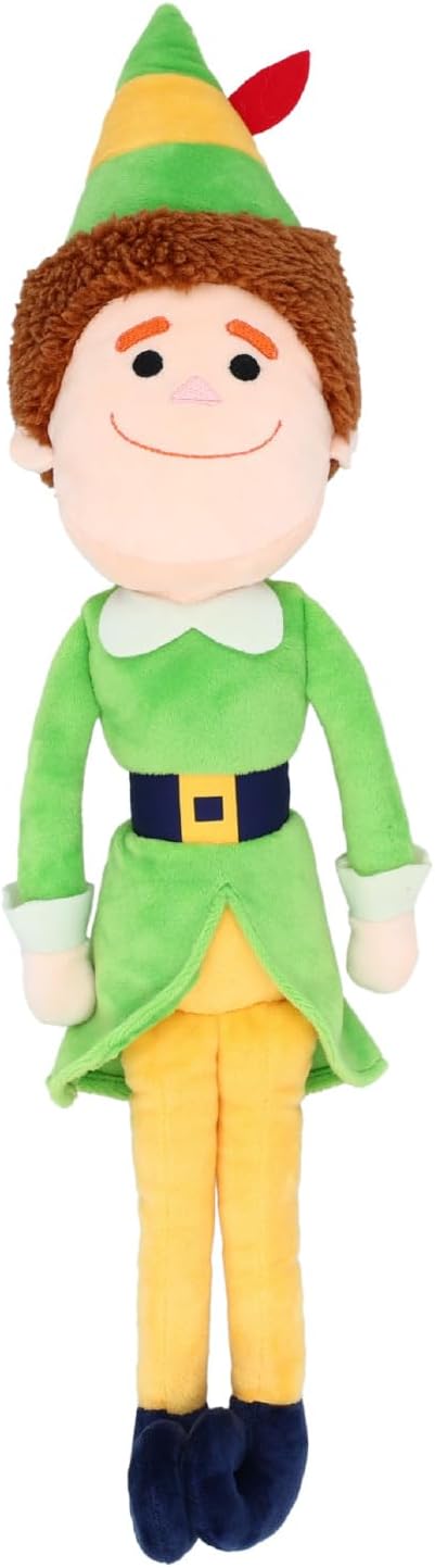 A plush toy depicting a cartoonish elf character with green clothing and a red hat, designed for young children.
