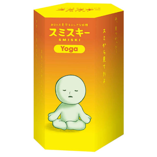 Packaging for Smiski Yoga Series figurines showing a stylized, seated figurine on a yellow background with the name 'Smiski' and 'Yoga'.