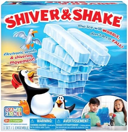Packaging for the Shiver 'N Shake toy featuring a shivering penguin base with stacking ice blocks. The packaging includes electronic sounds and shivering movement features.