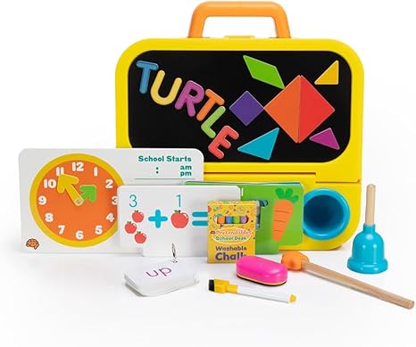 Pretendables School Set-Toys-Fat Brain Toys-Set of learning cards and supplies stored in a travel-friendly school desk Outside: magnetic blackboard, utensil cups, and a card tray; Inside: magnetic dry-erase board and plenty of storage Ages 3 years and up Encourages language skills, math skills, spatial reasoning, memory skills, imaginative play Includes school desk storage case, 48 magnetic letters, 24 magnetic numbers, chalk, eraser, pointer, bell, magnetic tangrams, 4 laminated tangram cards, 30 sight wor