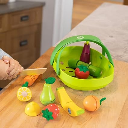PRETENDABLES FRUIT&VEGGIE BASKET-Toys-Fat Brain Toys-Set of pretend, sliceable fruits and veggies in a sturdy basket Encourages fine motor skills, imaginative play, role play Eeach wooden fruit and veggie piece made up of two or more parts connected by hook-and-loop fastener Slice them with the child-safe wooden knife, then stick them back together Everything stores inside the sturdy basket with carrying handle-Kidz Toys