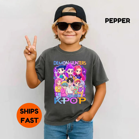 Comfort Colors Kpop Demon Hunters Kids Shirt (Color- Pepper Size-Youth XL)