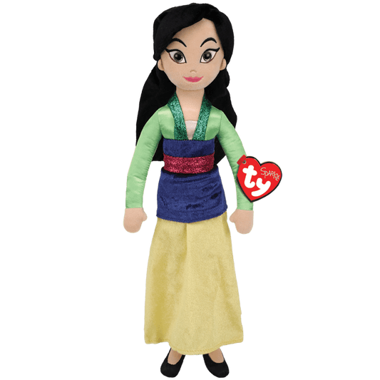 A TY brand Mulan doll from the Disney Princess series, featuring a shimmering green dress with blue and yellow details, and a red heart-shaped accessory.