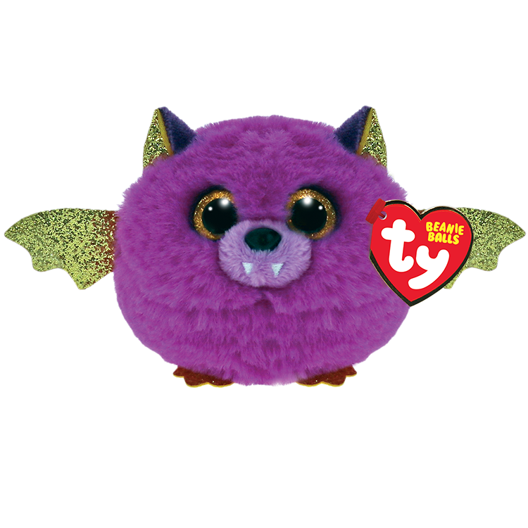 A plush toy resembling a purple bat with green wings, designed for young children.